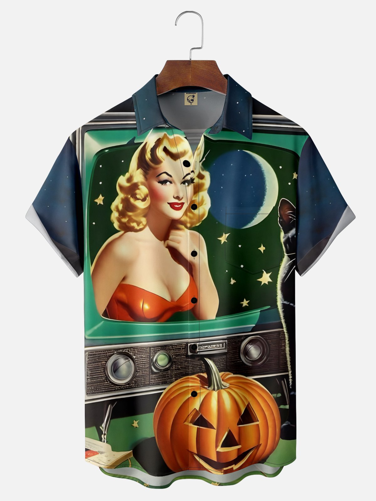 Moisture-wicking Halloween Retro Beauty Pumpkin Chest Pocket Hawaiian Shirt