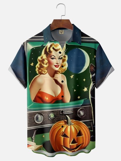 Moisture-wicking Halloween Retro Beauty Pumpkin Chest Pocket Hawaiian Shirt