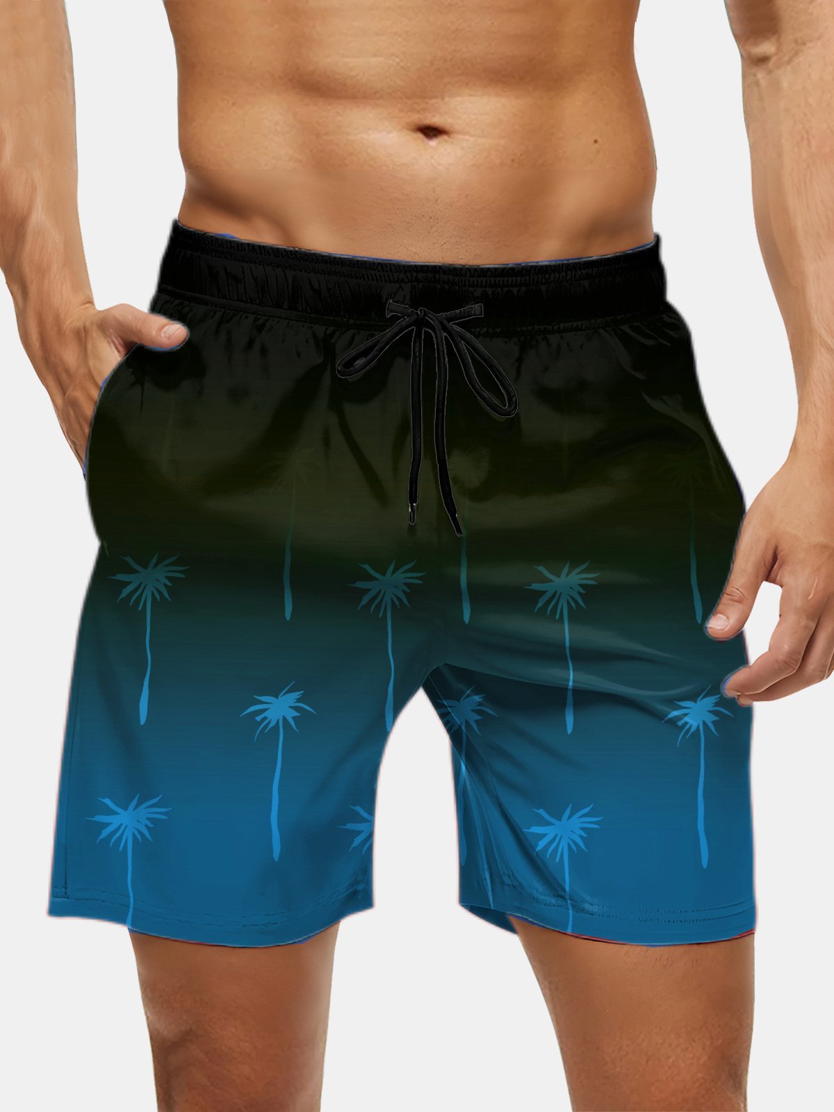 Men's Swim Trunks Hawaiian Tropical Gradient Palm Tree Beach Shorts with Pockets