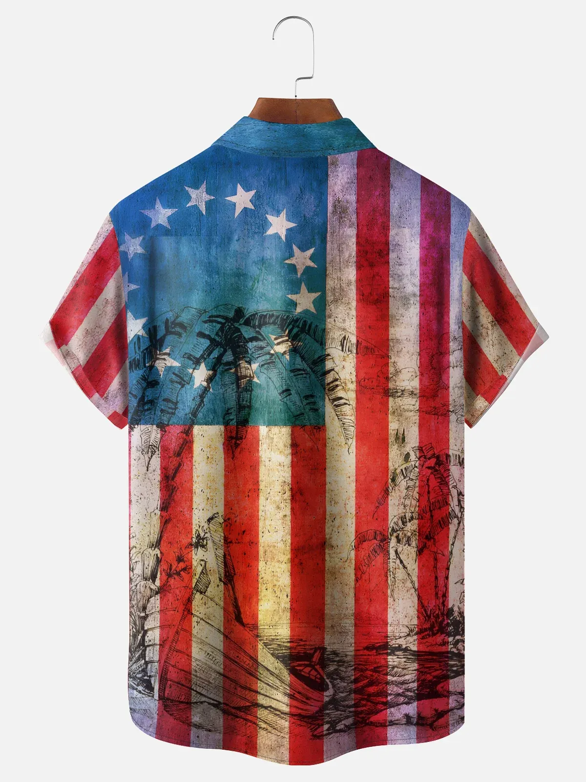 Moisture Wicking Gradient American Flag Sailboat Coconut Tree Line Drawing Chest Pocket Hawaiian Shirt