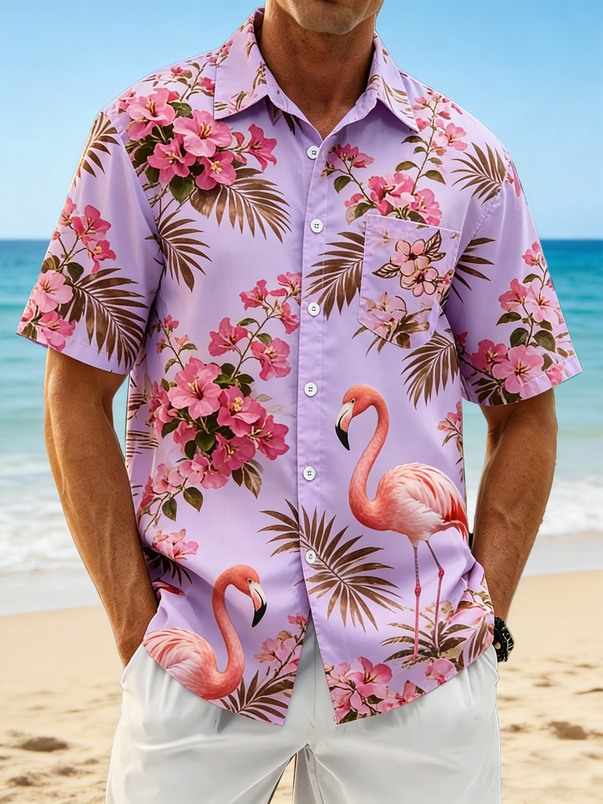 Linen Texture  Botanical Floral Flamingo Print with Chest Pocket Holiday Hawaiian Shirt