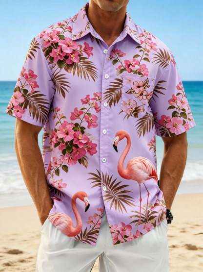 Linen Texture  Botanical Floral Flamingo Print with Chest Pocket Holiday Hawaiian Shirt
