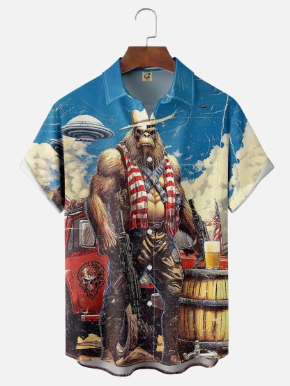 Tall Size Moisture-wicking Cowboy Bigfoot vs. UFO Chest Pocket Hawaiian Shirt
