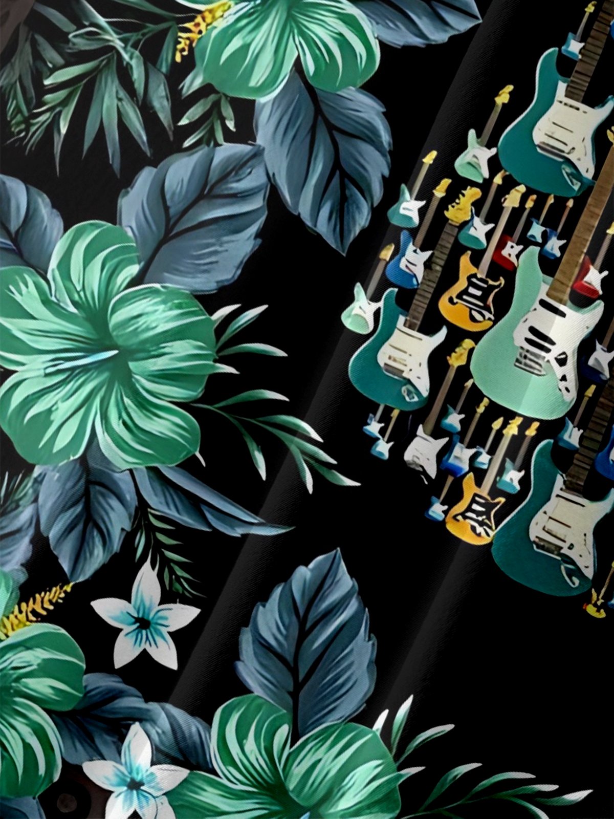 Moisture-Wicking Tropical Floral & Guitar Print Chest Pocket  Hawaiian Shirt