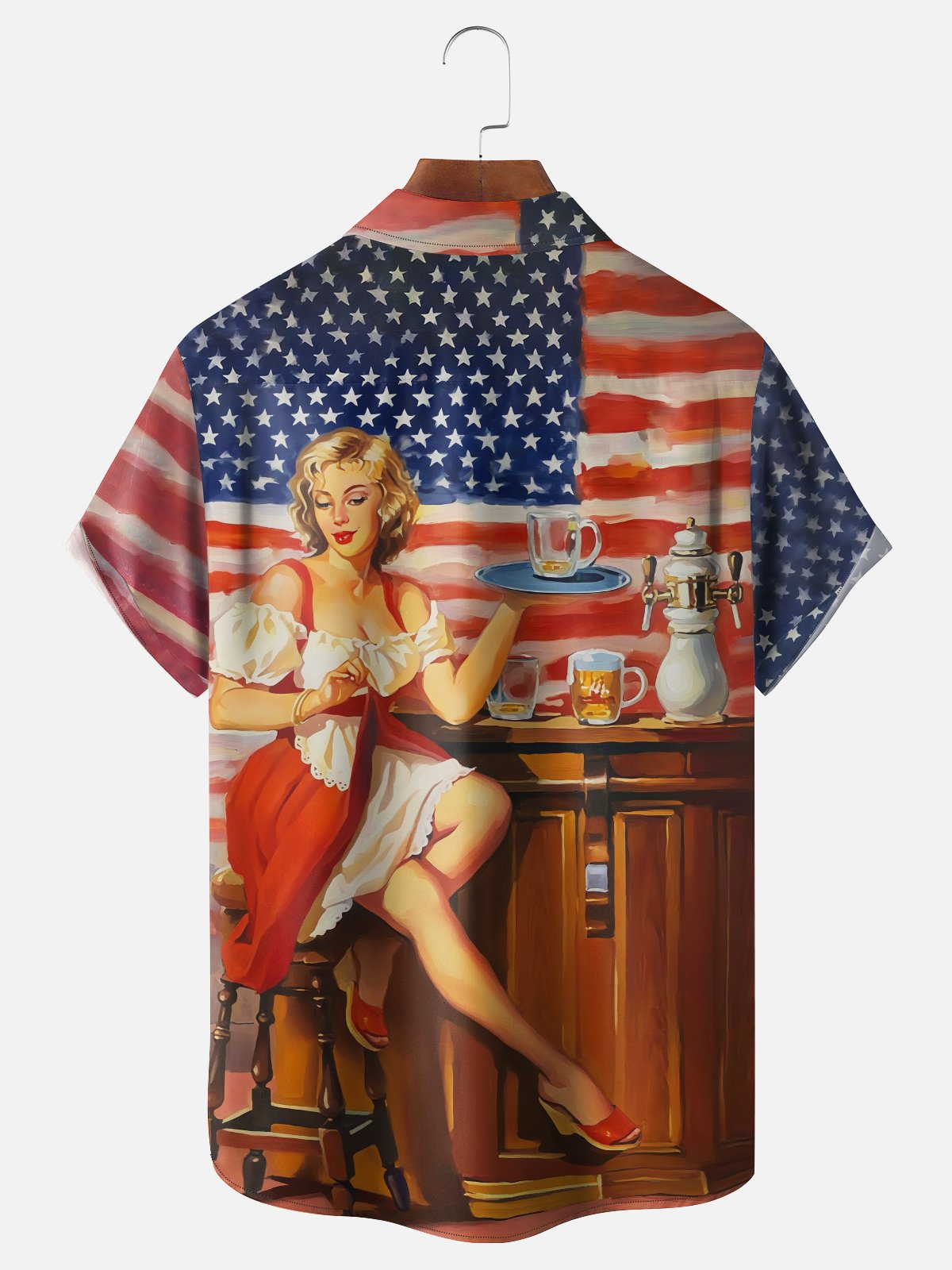 Moisture Wicking Retro Beauty Beer Festival American Flag Art Painting Chest Pocket Hawaiian Shirt