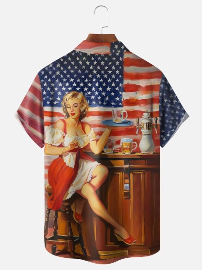 Moisture Wicking Retro Beauty Beer Festival American Flag Art Painting Chest Pocket Hawaiian Shirt