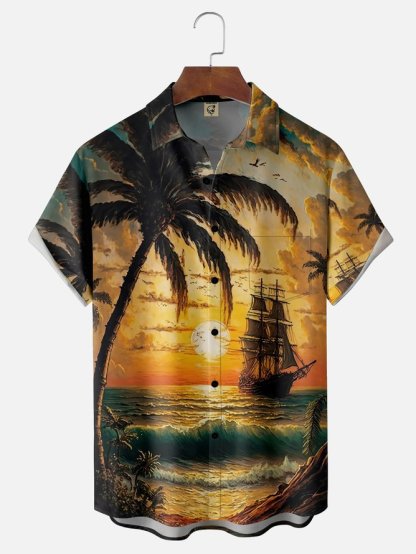 Tall Size Moisture-wicking Palm Tree Sailing Boat Chest Pocket Hawaiian Shirt
