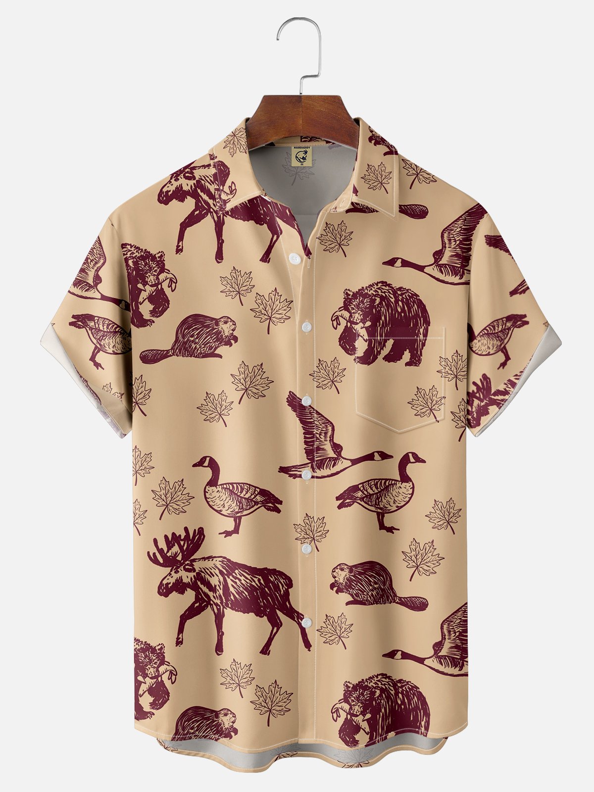 Hardaddy Moisture-wicking Canada Day Animal Maple Leaf Chest Pocket Hawaiian Shirt