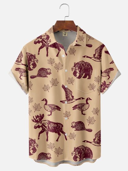 Moisture-wicking Canada Day Animal Maple Leaf Chest Pocket Hawaiian Shirt