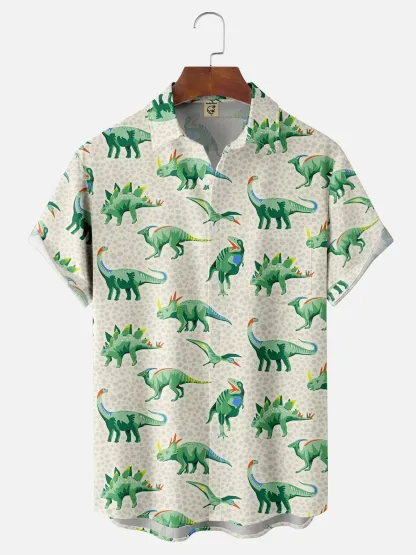 Dinosaurs Pattern Breathable Chest Pocket Hawaiian Shirt