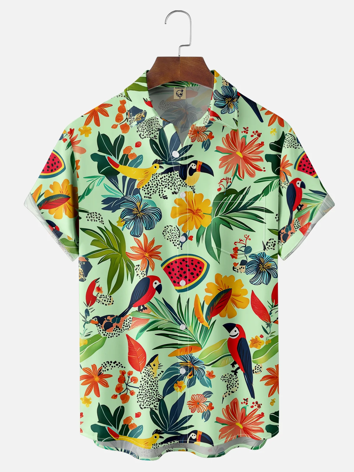 Moisture-wicking Tropical Palm Tree Parrot Floral Chest Pocket Hawaiian Shirt