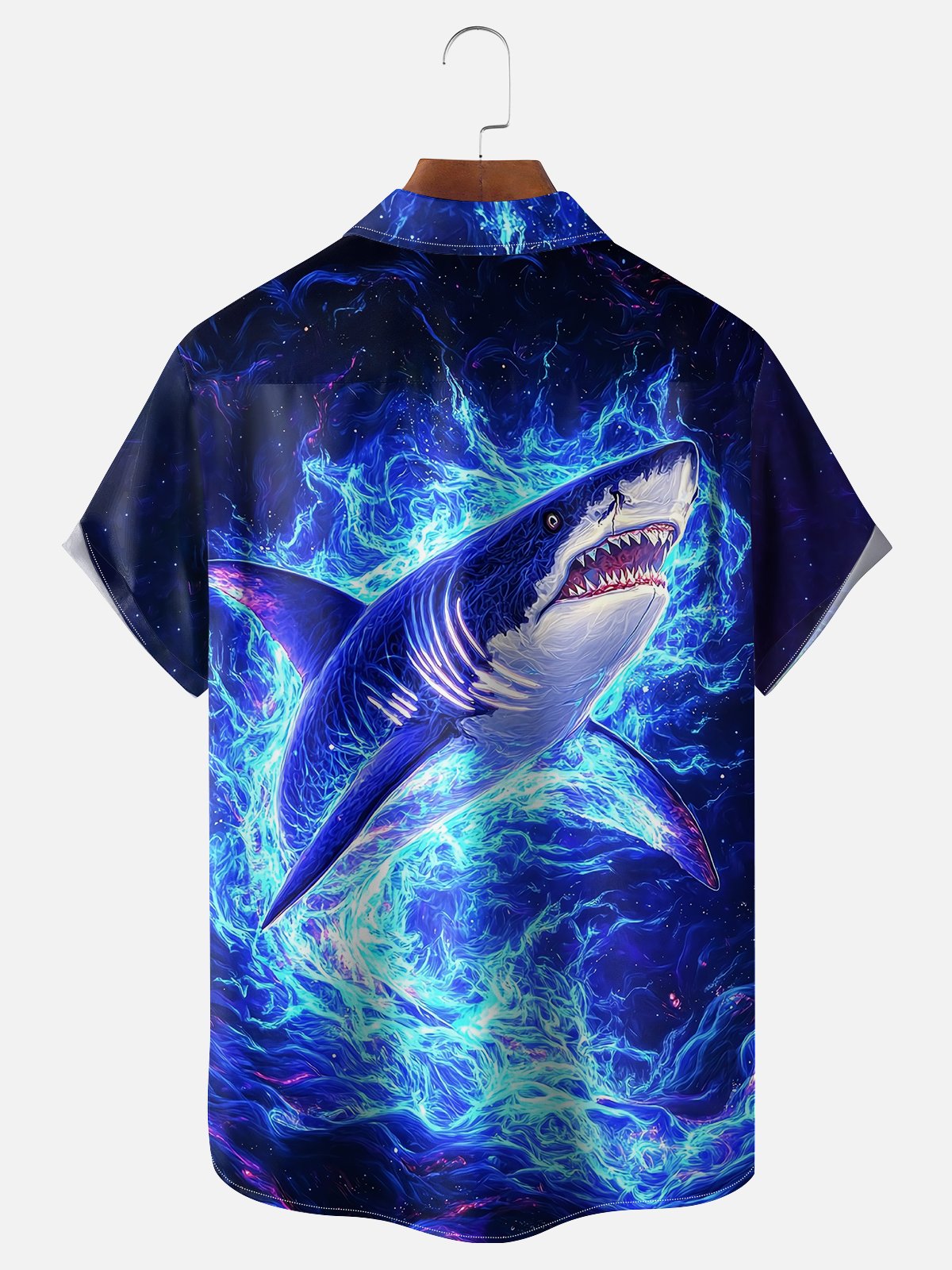 Moisture-wicking Blue Art Ocean Shark Chest Pocket Hawaiian Shirt