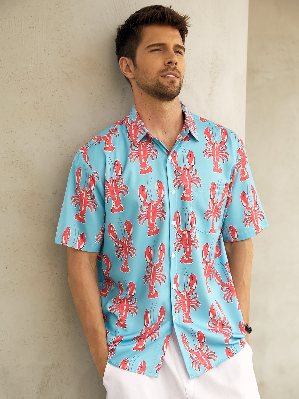 Lobster Chest Pocket Short Sleeve Hawaiian Shirt
