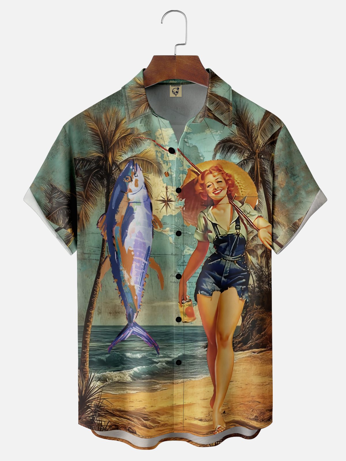 Moisture Wicking Coconut Tree Vintage Fishing Beauty Map Chest Pocket Hawaiian Shirt
