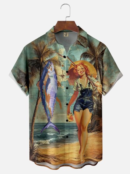 Moisture Wicking Coconut Tree Vintage Fishing Beauty Map Chest Pocket Hawaiian Shirt