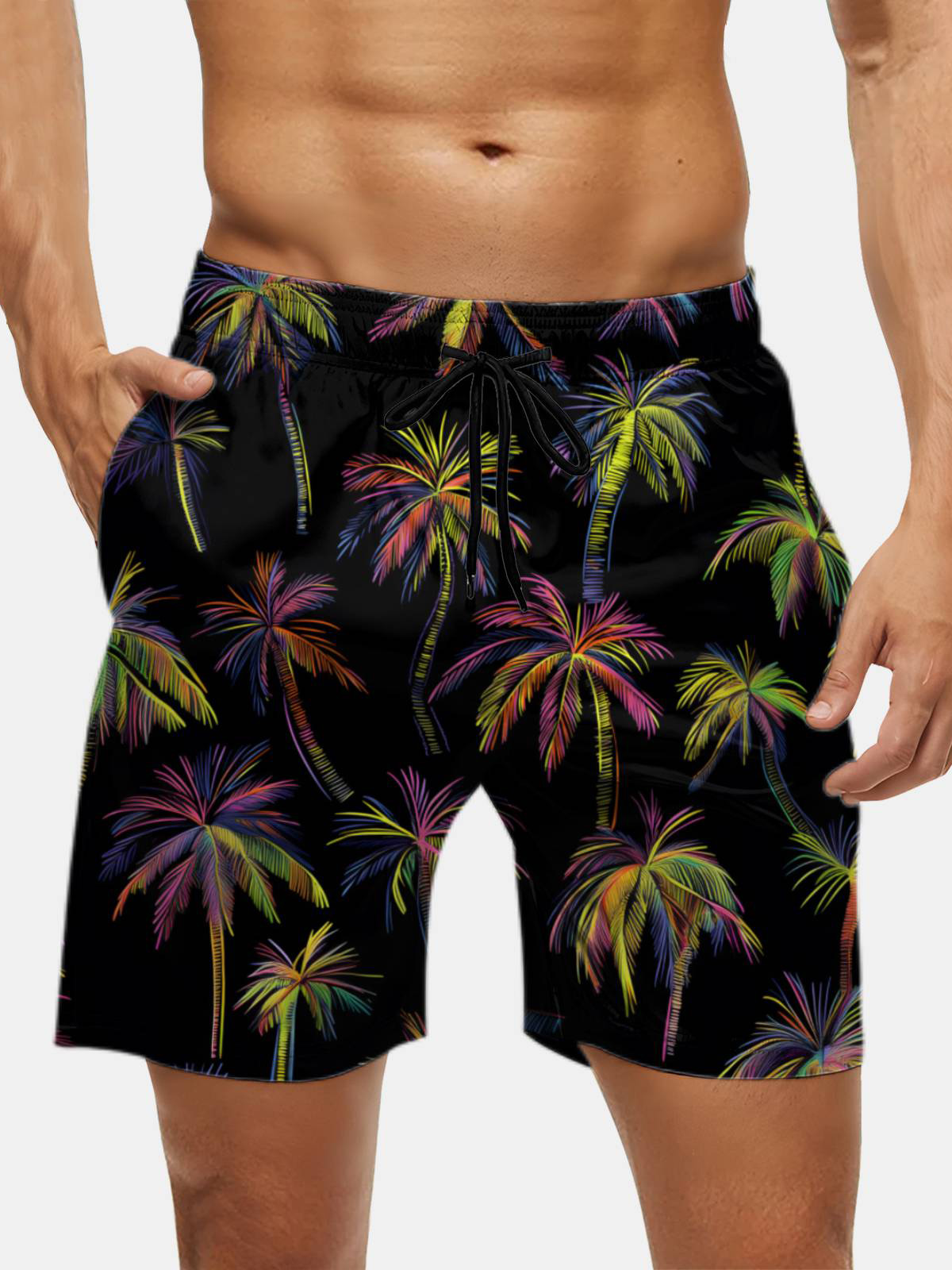 Men's Swim Trunks Hawaiian Tropical Palm Tree Beach Shorts with Pockets