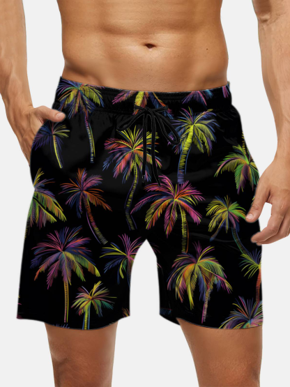 Men's Swim Trunks Hawaiian Tropical Palm Tree Beach Shorts with Pockets