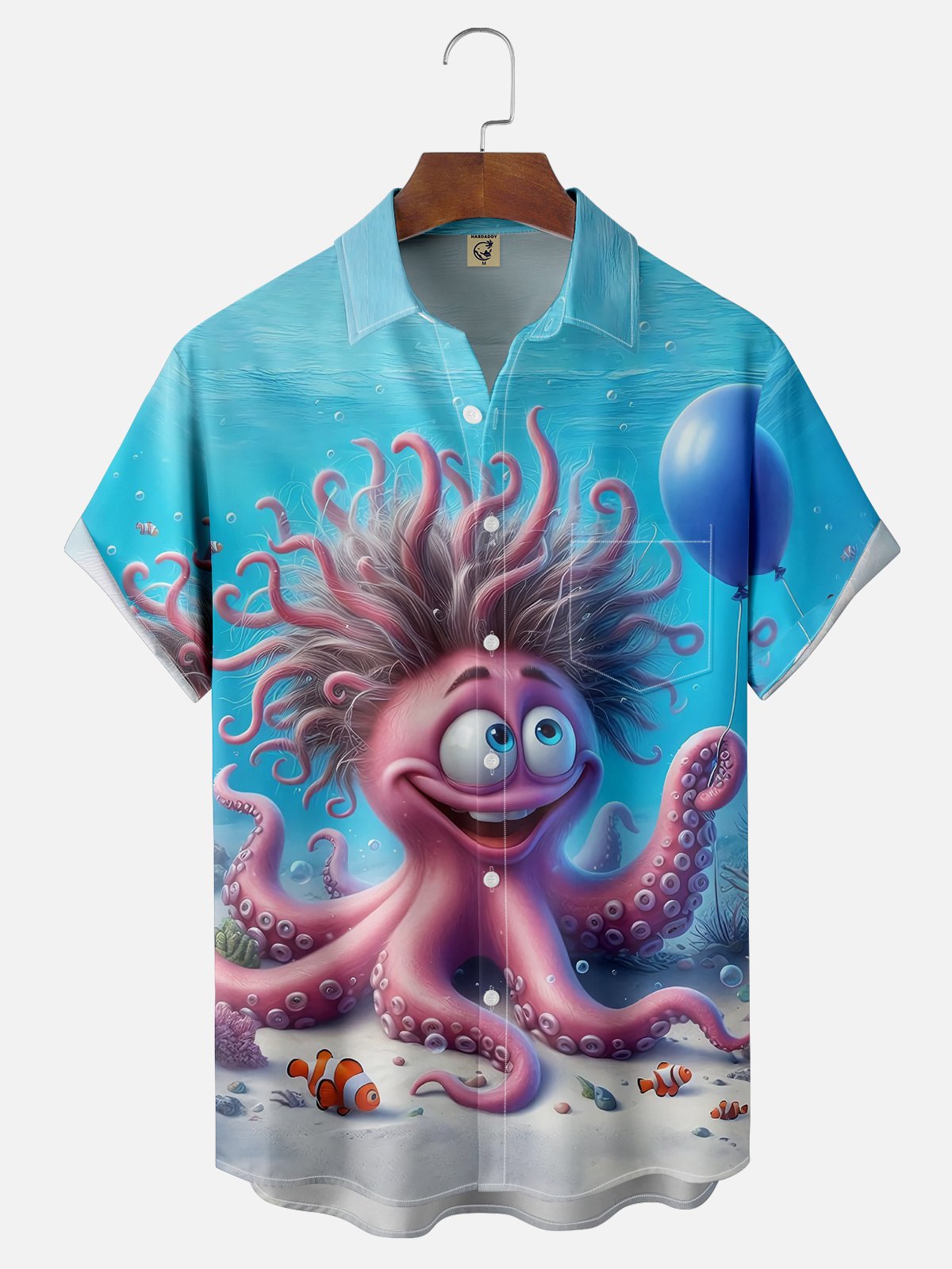 Moisture-wicking Ocean Octopus Balloon Blue Chest Pocket Hawaiian Shirt