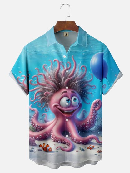 Moisture-wicking Ocean Octopus Balloon Blue Chest Pocket Hawaiian Shirt