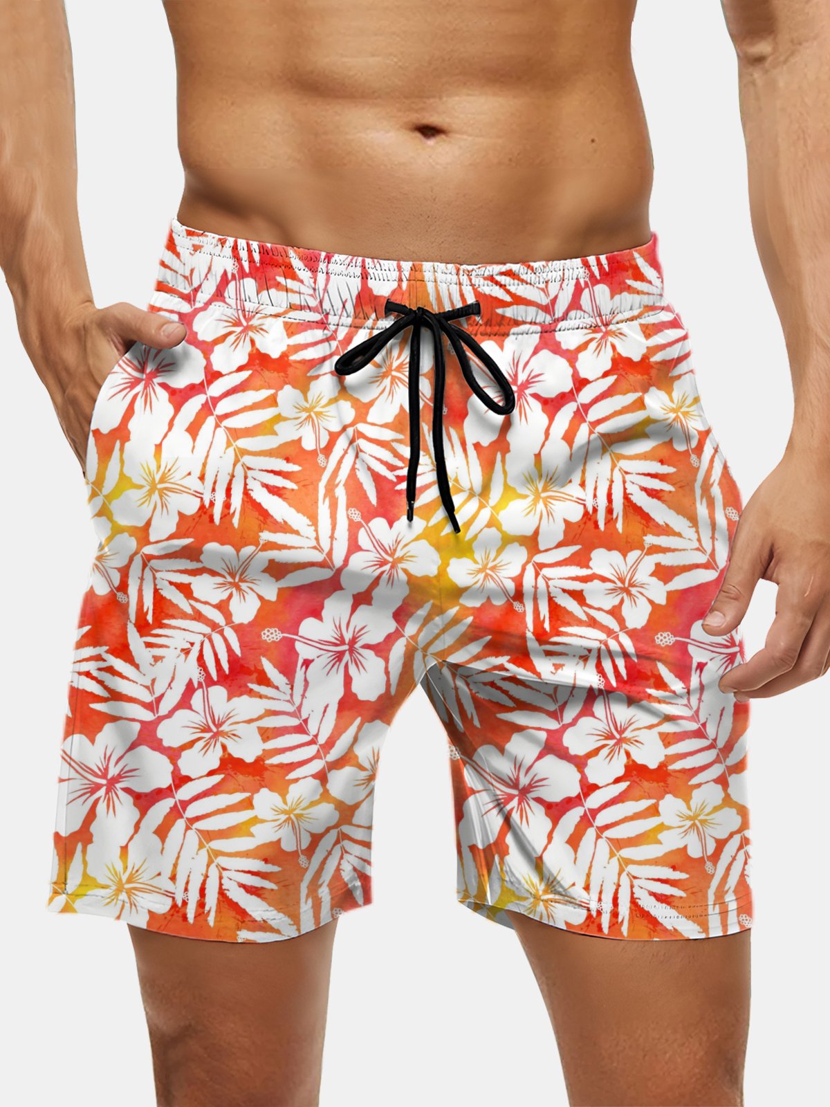 Men's Swim Trunks Hawaiian Tropical Hibiscus Flower Beach Shorts with Pockets