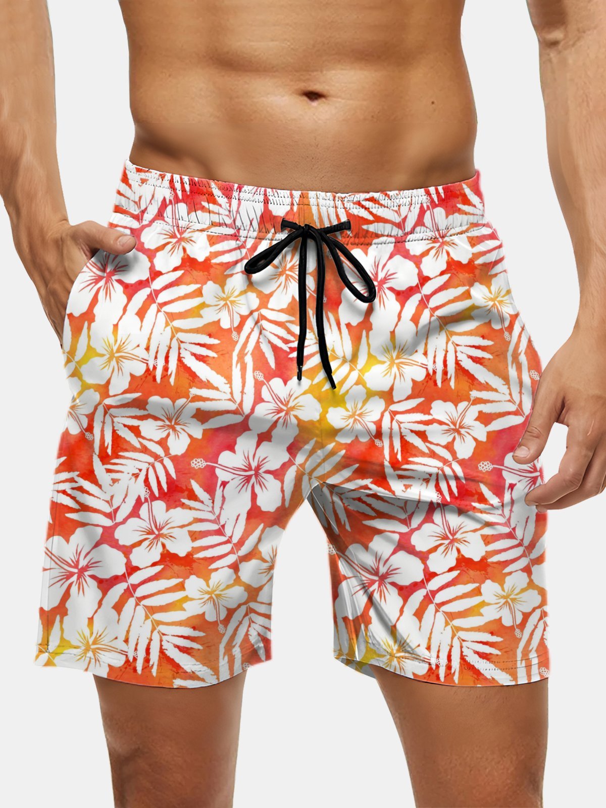 Men's Swim Trunks Hawaiian Tropical Hibiscus Flower Beach Shorts with Pockets