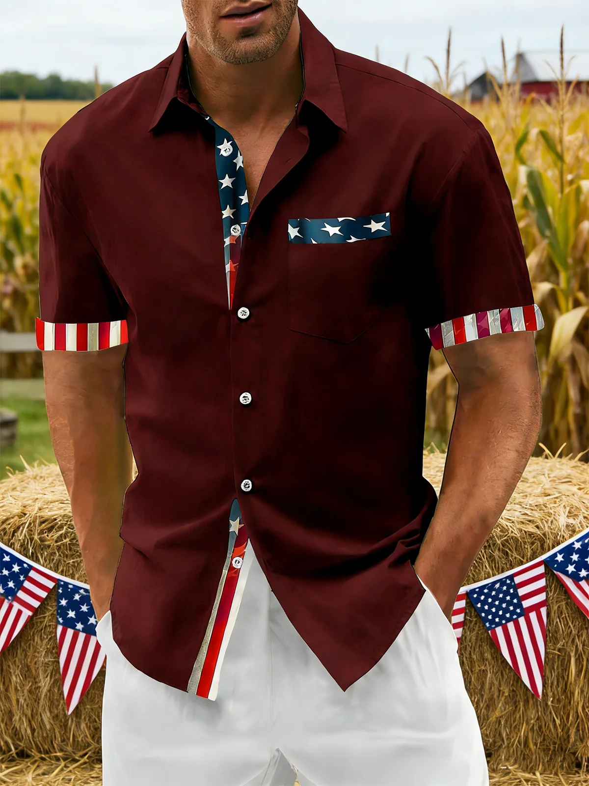Moisture Wicking Solid Color Patchwork American Flag 250th Anniversary Chest Pocke Holiday Hawaiian Shirt