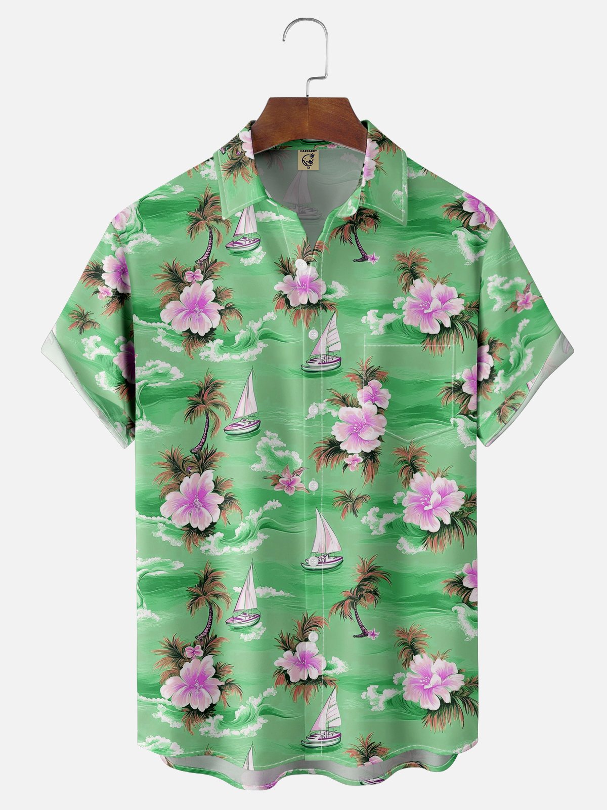 Moisture-wicking Palm Tree Hibiscus Flower Sailing Boat Chest Pocket Hawaiian Shirt