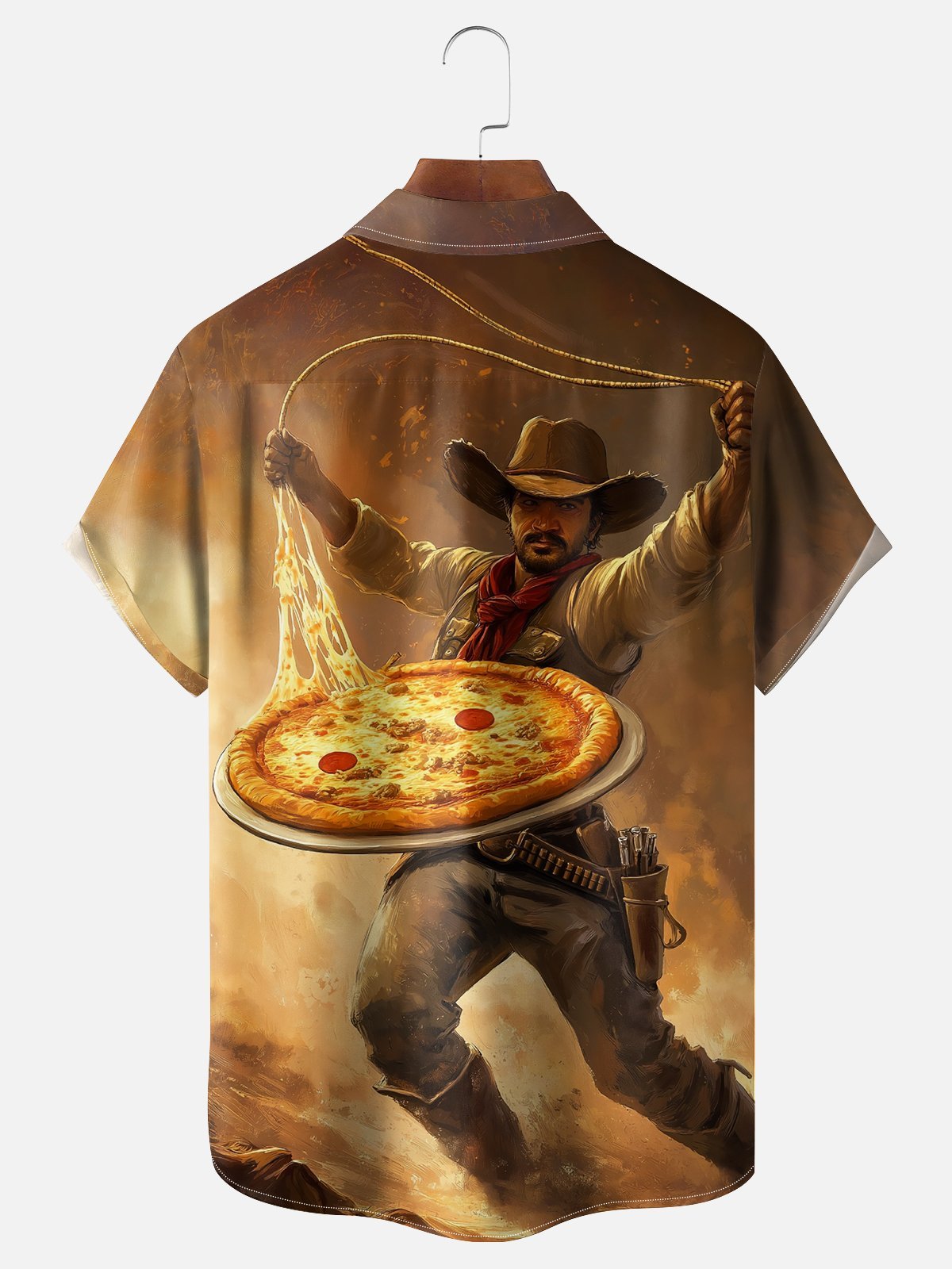 Moisture Wicking Western Cowboy Taming Pizza Wave Chest Pocket Hawaiian Shirt