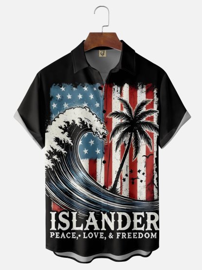 Moisture Wicking Independence Day Coconut Tree Chest Pocket Hawaiian Shirt