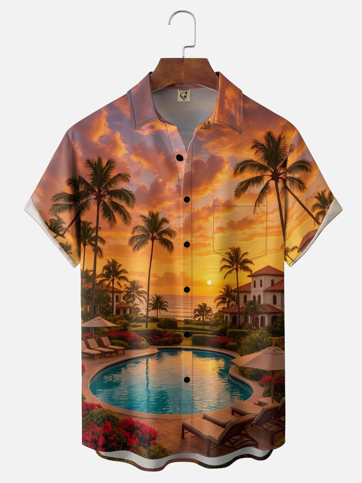 Moisture-wicking Coconut Trees Beach Chest Pocket Hawaiian Shirt