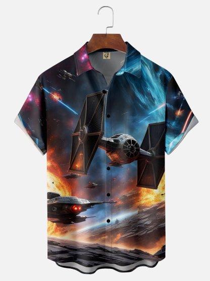 Moisture-wicking Spaceship Chest Pocket Hawaiian Shirt