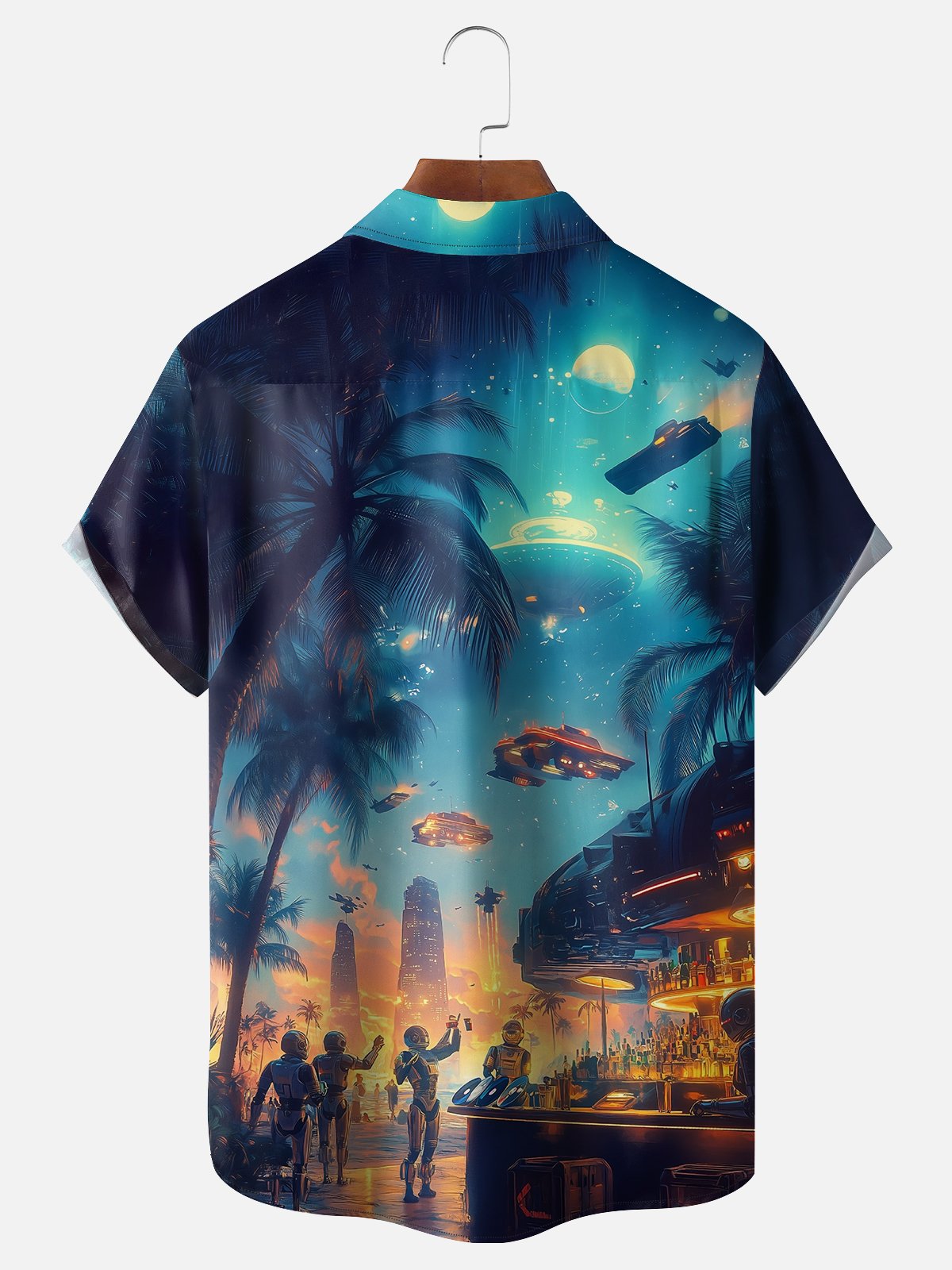 Moisture Wicking Coconut Tree Hawaii Alien Vacation Chest Pocket Hawaiian Shirt