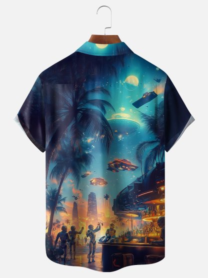 Moisture Wicking Coconut Tree Hawaii Alien Vacation Chest Pocket Hawaiian Shirt