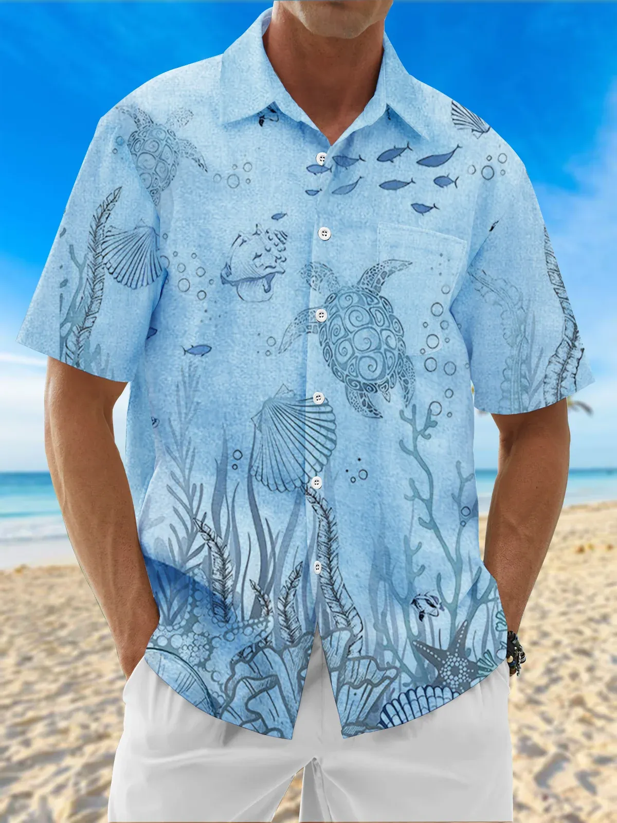 Moisture Wicking Ocean Turtle Chest Pocket Hawaiian Shirt
