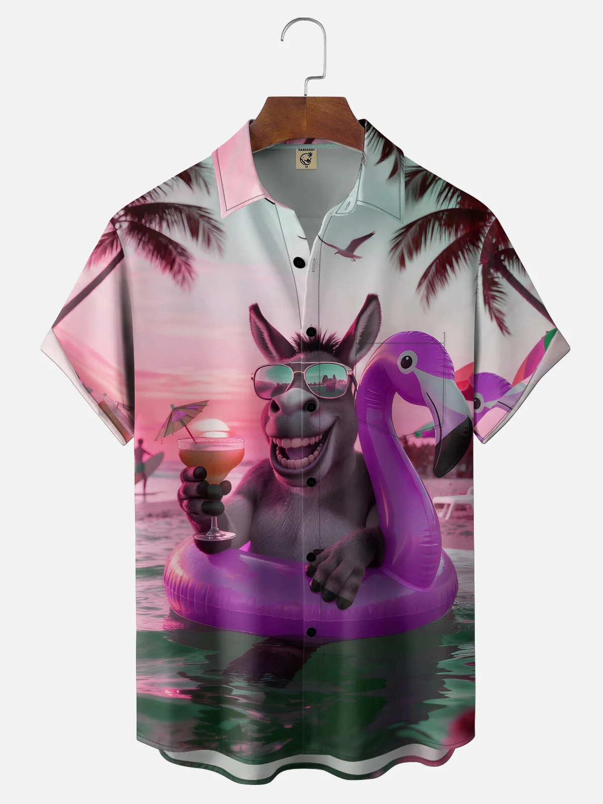 Tall Size Moisture-wicking Donkey Flamingo Coconut Tree Beach Chest Pocket Hawaiian Shirt