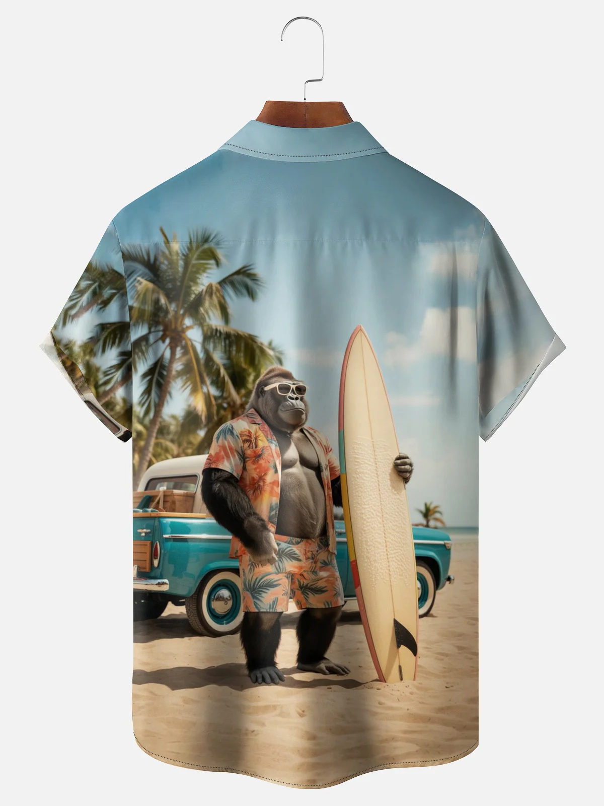 Moisture-wicking Orangutan Car Beach Coconut Trees Chest Pocket Hawaiian Shirt