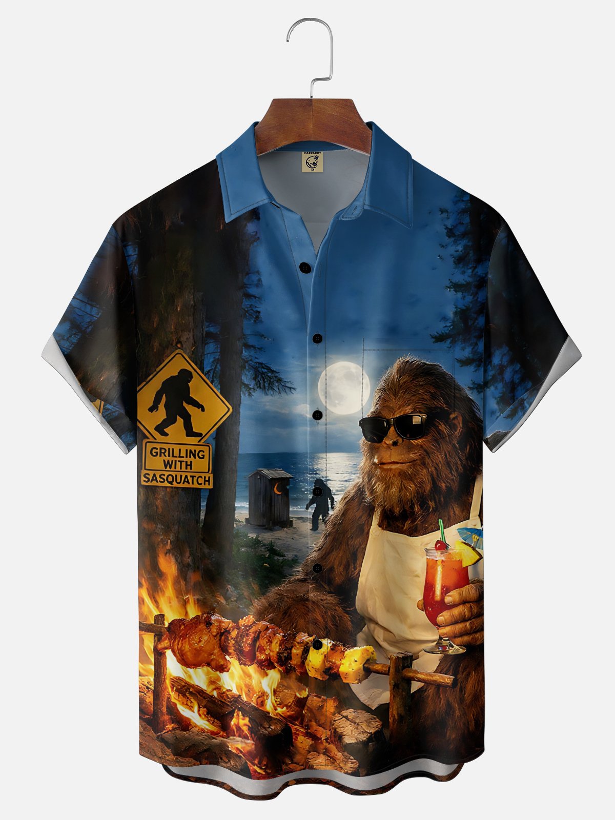 Moisture Wicking Fun BBQ Bigfoot Chest Pocket Hawaiian Shirt