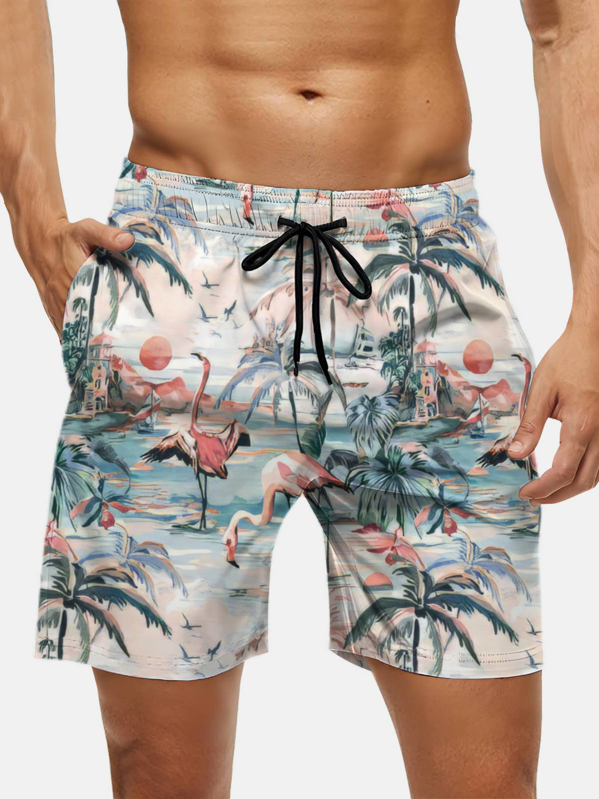Men's Swim Trunks Hawaiian Tropical Palm Tree Beach Shorts with Pockets