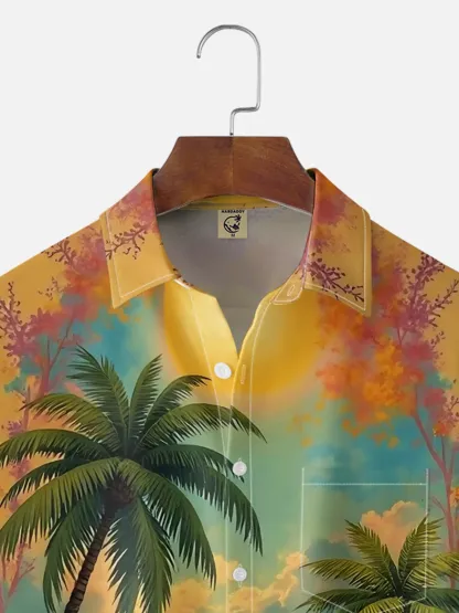 Moisture-wicking Dream Beach Vacation Scenery Chest Pocket Hawaiian Shirt