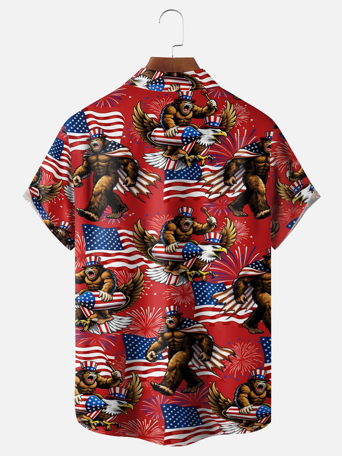 Moisture Wicking American Independence Day Anniversary Flag Bigfoot Chest Pocke Holiday Hawaiian Shirt