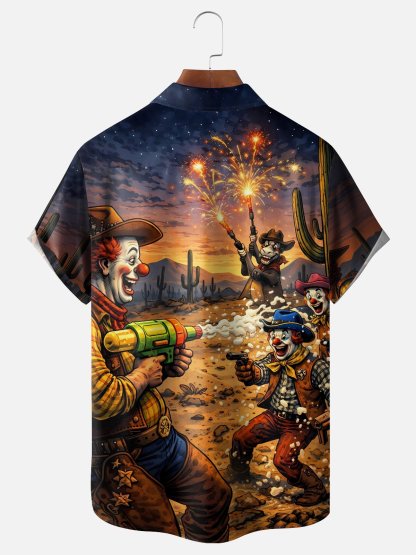 Moisture Wicking Western Clown Cowboy Chest Pocket Holiday Hawaiian Shirt