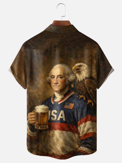 Moisture-Wicking U.S. Independence Day Founding Fathers Beer & Bald Eagle  Chest Pocket Festive Hawaiian Shirt