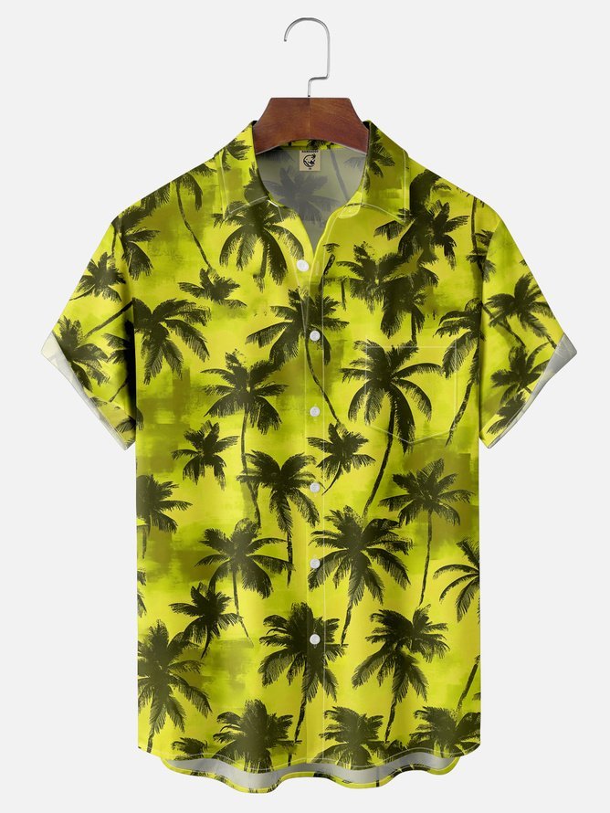 Tall Size Moisture-wicking Palm Tree Chest Pocket Hawaiian Shirt