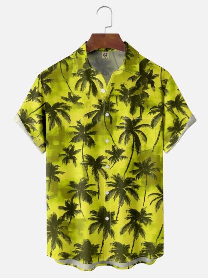 Tall Size Moisture-wicking Palm Tree Chest Pocket Hawaiian Shirt