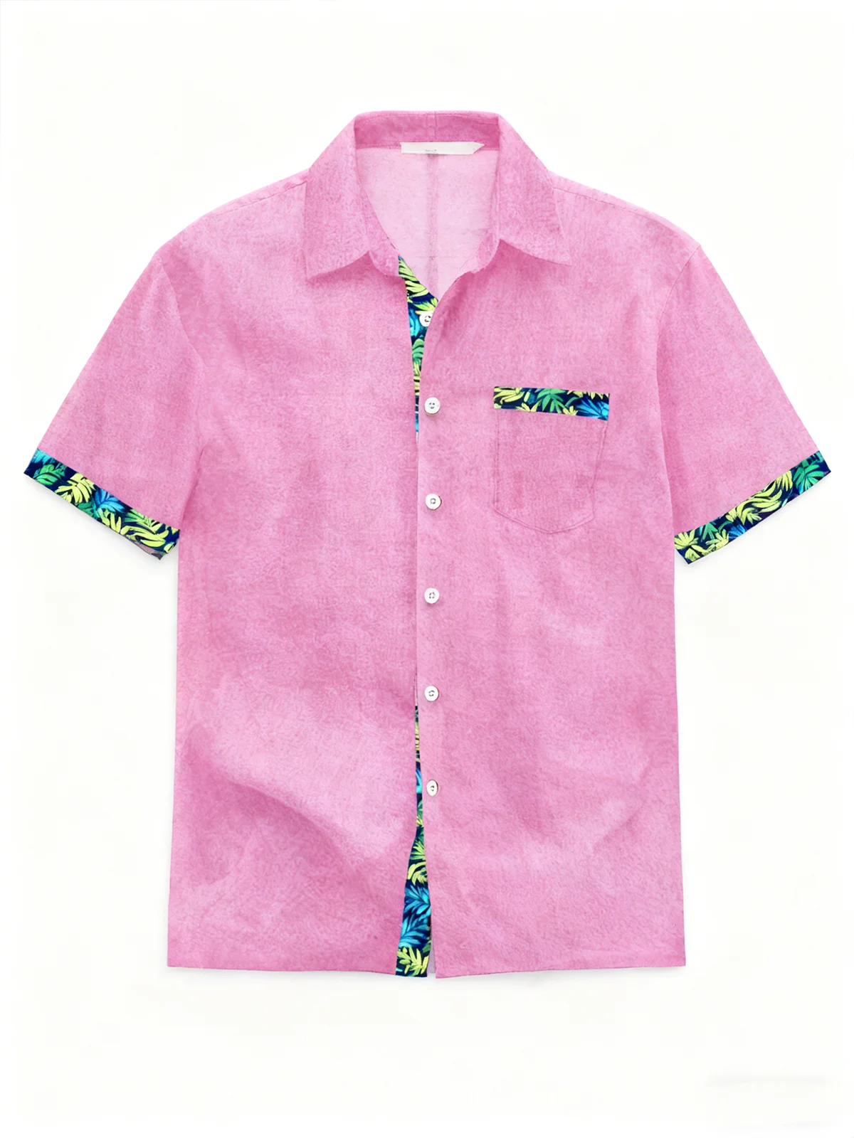 Linen Texture Plant Based Solid Color Patchwork Chest Pocket Holiday Hawaiian Shirt
