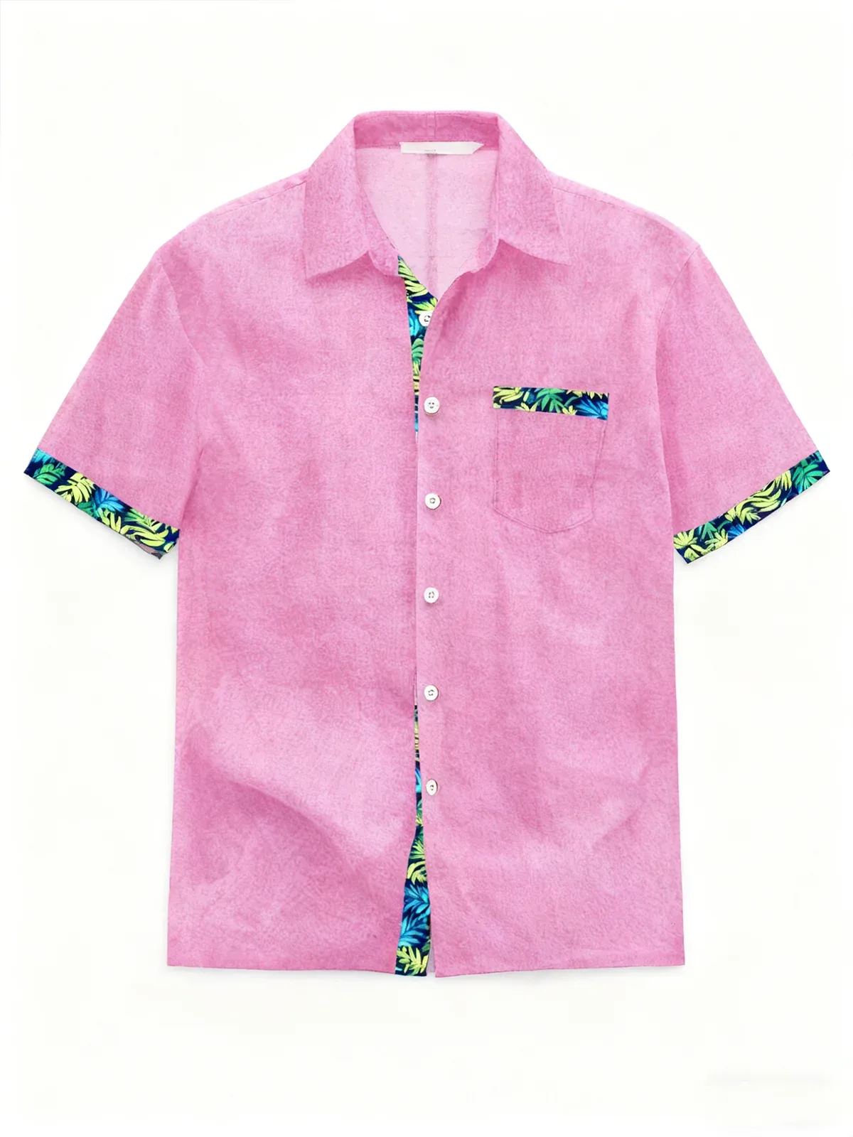 Linen Texture Plant Based Solid Color Patchwork Chest Pocket Holiday Hawaiian Shirt