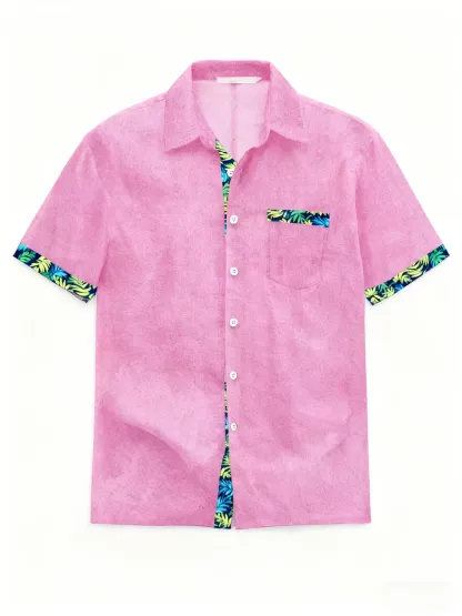 Linen Texture Plant Based Solid Color Patchwork Chest Pocket Holiday Hawaiian Shirt