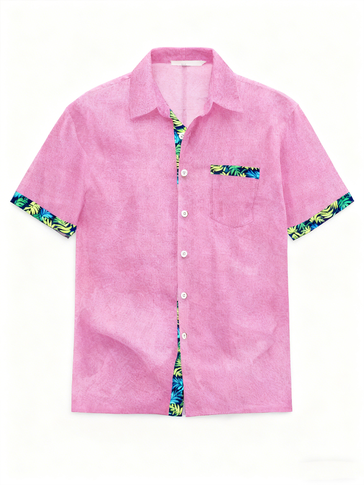 Linen Texture Plant Based Solid Color Patchwork Chest Pocket Holiday Hawaiian Shirt