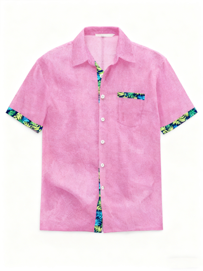 Linen Texture Plant Based Solid Color Patchwork Chest Pocket Holiday Hawaiian Shirt