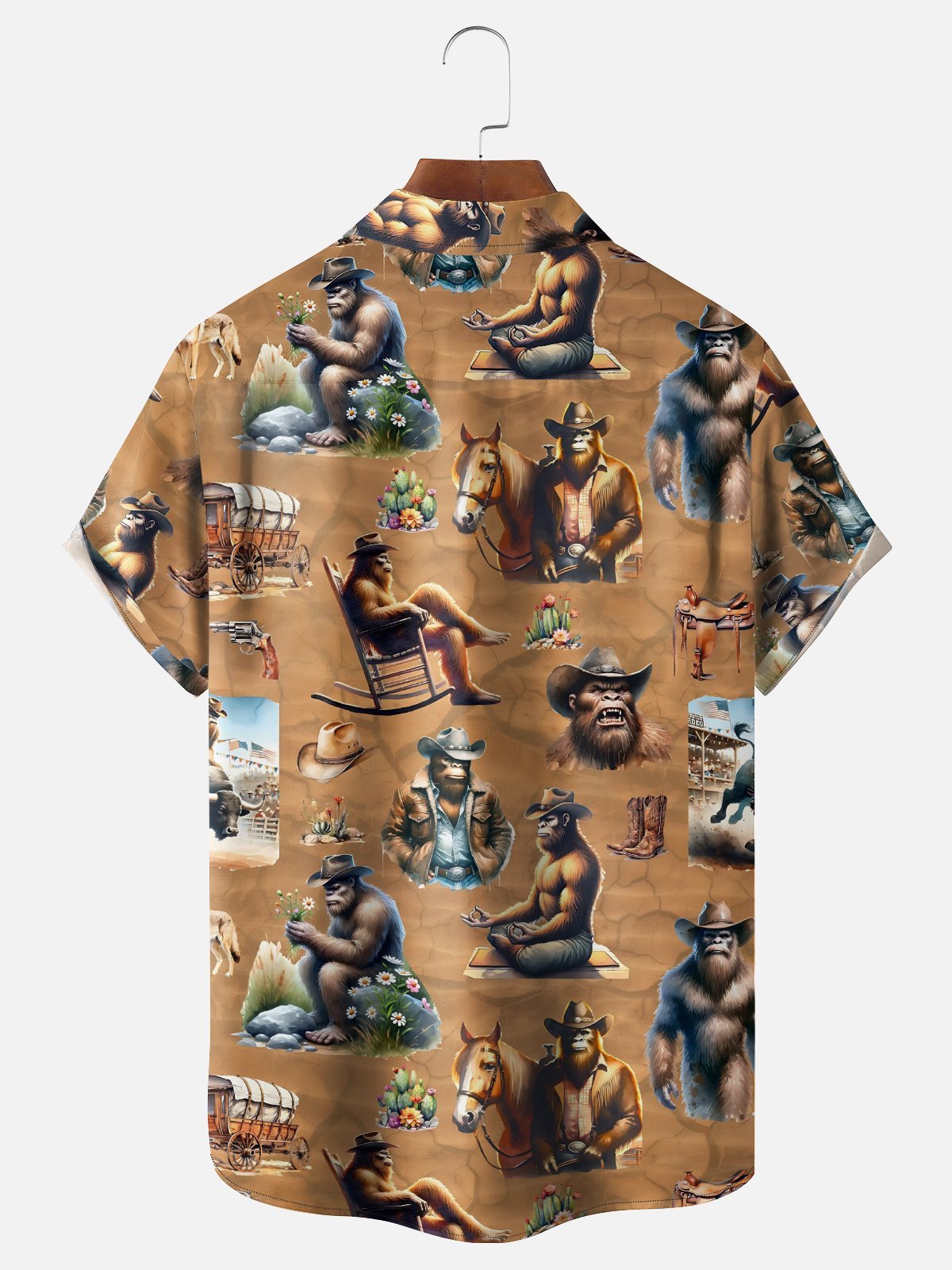 Moisture-Wicking American Western Cowboy Bigfoot Chest Pocket Hawaiian Shirt